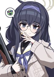 Rule 34 | black eyes, black hair, blue archive, blue headband, brown sweater, emoji, glasses, gun, halo, head tilt, headband, highres, holding, holding gun, holding weapon, jewelry, looking at viewer, necklace, smile, sweater, ui (blue archive), weapon, xaiqi, yellow halo