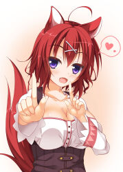 Rule 34 | 1girl, :d, ahoge, amairo islenauts, animal ears, breasts, brown corset, cleavage, cleavage cutout, clothing cutout, collarbone, commentary, corset, eyelashes, fang, foreshortening, frilled sleeves, frills, gradient background, hair between eyes, hair ornament, hands up, happy, heart, highres, index fingers raised, koi dance, large breasts, light brown background, long sleeves, looking at viewer, masaki gaillard, medium hair, open mouth, purple eyes, red hair, red tail, shirt, shrimp 3, simple background, smile, solo, spoken heart, tail, tail raised, upper body, white background, white shirt, wolf ears, wolf girl, wolf tail, x hair ornament