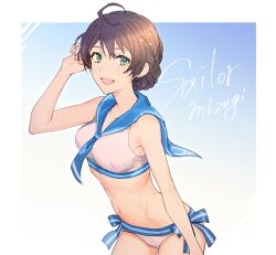 Rule 34 | 1girl, ahoge, bare shoulders, bikini, blue background, blue bow, blue neckerchief, blue sailor collar, bow, braid, breasts, brown hair, cowboy shot, egawa satsuki, from side, gradient background, green eyes, hair between eyes, hand up, highres, idolmaster, idolmaster million live!, idolmaster million live! theater days, large breasts, leaning forward, looking at viewer, navel, neckerchief, open mouth, sailor collar, sailor swimsuit (idolmaster), sakuramori kaori, side-tie bikini bottom, simple background, solo, standing, swimsuit, white bikini