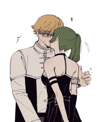 Rule 34 | 1boy, 1girl, absurdres, arm behind back, arm strap, armlet, bare shoulders, black choker, black dress, blonde hair, brown eyes, choker, collared tunic, commentary request, dabln hl, dress, glasses, green hair, hair between eyes, highres, kiss, korean text, land (sousou no frieren), long hair, long sleeves, pleated dress, short hair, side ponytail, sidelocks, simple background, sleeveless, sleeveless dress, sousou no frieren, surprise kiss, surprised, translation request, ubel (sousou no frieren), white background, white tunic