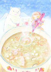 Rule 34 | 1girl, akisame-zakkaten, bear, blue sky, bowl, braid, brown hair, colored pencil (medium), food, highres, ladle, licking lips, mittens, mountain, original, oversized object, painting (medium), sky, snow, standing, stew, tongue, tongue out, traditional media, watercolor (medium), winter clothes, wolf