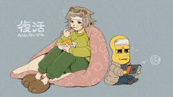 Rule 34 | 1boy, 1girl, :3, alternate costume, animal ears, animal nose, aonori maeba, bald, black eyes, black shirt, black socks, blue pants, blush, bowl, cold pack, colored skin, commentary request, down jacket, eating, food, fruit, full body, green pants, green sweater, grey background, grey hair, hair ornament, hairclip, half-closed eyes, handheld game console, highres, holding, holding handheld game console, holding spoon, jacket, long sleeves, messy hair, mode aim, nintendo switch, open clothes, open jacket, pants, paw shoes, peanuts-kun, ponpoko (vtuber), popsicle, raccoon ears, raccoon girl, shirt, short hair, sick, simple background, sitting, snot, socks, spoon, suika game, sweater, sweatpants, swept bangs, translation request, turtleneck shirt, virtual youtuber, watermelon, yellow skin