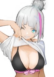 Rule 34 | 1girl, black bra, blue eyes, bra, breasts, cleavage, clothes lift, flasso, girls&#039; frontline, grin, highres, large breasts, lifting own clothes, looking at viewer, mdr (girls&#039; frontline), multicolored hair, off-shoulder shirt, off shoulder, one eye closed, pink hair, shirt, shirt lift, short hair, silver hair, simple background, smile, solo, topknot, two-tone hair, underwear, upper body, white background