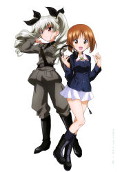 Rule 34 | 10s, 2girls, :d, absurdres, anchovy (girls und panzer), boots, brown eyes, brown hair, drill hair, full body, girls und panzer, green hair, headphones, highres, long hair, looking at viewer, military, military uniform, miniskirt, multiple girls, nishizumi miho, official art, open mouth, pleated skirt, red eyes, riding crop, short hair, simple background, skirt, smile, standing, thighs, throat microphone, twin drills, twintails, uniform, white background, white skirt