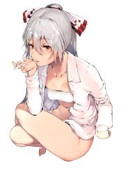 Rule 34 | asuzemu, bad id, bad twitter id, blush, bow, breasts, cigarette, collarbone, collared shirt, dress shirt, eyes visible through hair, feet, fujiwara no mokou, grey hair, hair bow, holding, holding cigarette, long sleeves, looking past viewer, navel, ponytail, red bow, red eyes, sarashi, shirt, simple background, small breasts, smoking, solo, stomach, thighs, touhou, unbuttoned, unbuttoned shirt, white background, white bow, white shirt