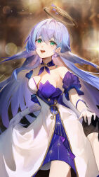 Rule 34 | 1girl, 1other, absurdres, bare shoulders, black gloves, blue hair, blurry, blurry background, bracelet, breasts, brown background, choker, cleavage, cowboy shot, detached sleeves, dress, gloves, green eyes, half gloves, halo behind head, hand grab, head wings, highres, honkai: star rail, honkai (series), jewel under eye, jewelry, k/a, light particles, long hair, looking at viewer, applying manicure, medium breasts, open mouth, pearl bracelet, purple choker, purple dress, purple sleeves, robin (honkai: star rail), short sleeves, skirt hold, solo, solo focus, strapless, strapless dress, teeth, two-tone dress, upper teeth only, white dress, white gloves, wings