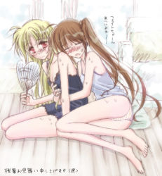 Rule 34 | 00s, 2girls, barefoot, blonde hair, blush, breasts, cleavage, english text, fate testarossa, feet, hachikei, hand fan, hug, hug from behind, lingerie, long hair, looking at viewer, lying, lyrical nanoha, mahou shoujo lyrical nanoha, mahou shoujo lyrical nanoha strikers, motion lines, multiple girls, nightgown, on side, panties, paper fan, partially translated, side ponytail, sitting, small breasts, striped clothes, striped panties, sweat, takamachi nanoha, translation request, uchiwa, underwear, very long hair, yokozuwari, yuri
