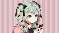 Rule 34 | 1girl, absurdres, blue eyes, bow, bowtie, cellphone, collar, collared shirt, dangle earrings, earrings, expressionless, frilled bow, frills, green hair, hair bow, hatsune miku, heart, heart earrings, highres, holding, holding phone, jewelry, lavie (cestbonlavie), long hair, looking at viewer, multiple earrings, multiple hair bows, phone, shirt, smartphone, solo, sticker, striped, striped background, twintails, upper body, vocaloid