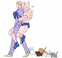 Rule 34 | 1boy, blonde hair, carrying, cat, crossover, formal, from side, hands in pockets, jojo no kimyou na bouken, killer queen, kira yoshikage, male focus, motion lines, out of character, piggyback, simple background, stand (jojo), suit, u (lastcrime), walking, white background