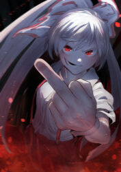 Rule 34 | 1girl, absurdres, black background, bow, breasts, collared shirt, commentary request, fujiwara no mokou, hair bow, highres, long hair, looking at viewer, lower teeth only, medium bangs, middle finger, open mouth, pants, red eyes, red pants, shirt, short sleeves, small breasts, smile, solo, sotatsudraw, suspenders, teeth, touhou, upper body, very long hair, white bow, white hair, white shirt