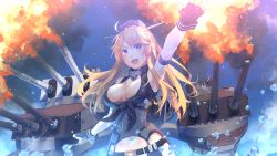 Rule 34 | 1girl, blonde hair, blue eyes, blue sky, breasts, cannon, elbow gloves, explosion, fingerless gloves, front-tie top, gloves, hair between eyes, headgear, iowa (kancolle), kantai collection, katee, large breasts, miniskirt, open mouth, outdoors, rigging, skirt, sky, solo, star-shaped pupils, star (symbol), symbol-shaped pupils, turret, upper body, water, water drop, wrist cuffs