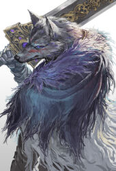 Rule 34 | 1boy, absurdres, animal ear fluff, animal ears, blaidd the half-wolf, blue eyes, cloak, commentary request, elden ring, fang, fang out, fur cloak, furry, furry male, gauntlets, highres, holding, holding sword, holding weapon, male focus, michairu, simple background, solo, sword, weapon, white background, wolf boy, wolf ears