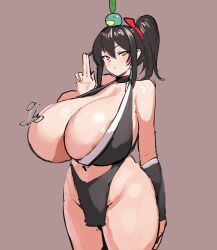 Rule 34 | 1girl, 9is, absurdres, areola slip, breasts, brown background, cleavage, gigantic breasts, highres, huge breasts, looking at viewer, ninja, ponytail, simple background, solo, tagme, thick thighs, thighs, wide hips