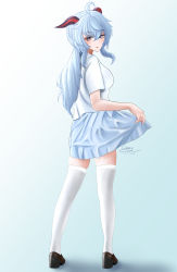 Rule 34 | 1girl, absurdres, ahoge, blue background, blue hair, blush, breasts, closed mouth, clothes lift, ganyu (genshin impact), genshin impact, gradient background, gradient eyes, happy, highres, legs, light blue background, light blue hair, lips, lipstick, long hair, looking at viewer, looking back, makeup, multicolored eyes, school uniform, shoes, skirt, skirt lift, solo, uniform, white legwear