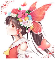 Rule 34 | 1girl, ascot, bare shoulders, black hair, blush, brown eyes, bug, butterfly, butterfly hair ornament, detached sleeves, dress, flower, hair flower, hair ornament, hair tubes, hakurei reimu, hibiscus, igayan, bug, lily (flower), long hair, looking at viewer, ponytail, red dress, red eyes, red flower, red rose, rose, solo, touhou, upper body, yin yang
