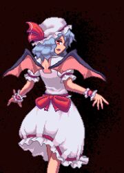 Rule 34 | 1girl, bat wings, black background, blue hair, commentary, hair ribbon, hat, looking at viewer, looking back, mob cap, open mouth, pixel art, potemki11, red eyes, red ribbon, remilia scarlet, ribbon, shirt, short hair, short sleeves, simple background, skirt, solo, touhou, white hat, white shirt, white skirt, wings, wrist cuffs