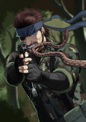 Rule 34 | 1boy, 5tatsu, absurdres, aiming, aiming at viewer, bandana, beard, belt pouch, big boss, black bandana, black gloves, blue eyes, blurry, blurry background, brown hair, camouflage, earbuds, earphones, eyepatch, facial hair, fingerless gloves, fingernails, fork, gloves, gun, handgun, highres, holding, holding fork, holding gun, holding weapon, male focus, metal gear (series), metal gear solid 3: snake eater, military operator, motion blur, mouth hold, naked snake, nose, one-eyed, pistol, pouch, short hair, sleeves rolled up, snake, solo, suspenders, trigger discipline, weapon