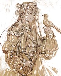 Rule 34 | 1girl, bird, bird on hand, capelet, chain, commentary request, dark skin, dark-skinned female, hand up, headdress, holding, holding sword, holding weapon, light smile, lips, long hair, long sleeves, monochrome, oollnoxlloo, original, puffy long sleeves, puffy sleeves, scabbard, sepia, sheath, sketch, solo, spot color, sword, tassel, upper body, weapon, yellow eyes