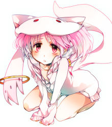 Rule 34 | 1girl, arm support, bad id, bad pixiv id, cosplay, hood, hoodie, kaname madoka, kyubey, kyubey (cosplay), kyuubee (cosplay), legs, mahou shoujo madoka magica, mahou shoujo madoka magica (anime), moyakami, pink eyes, pink hair, seiza, short hair, short twintails, simple background, sitting, sleeves past wrists, solo, tail, twintails, unzipped, zipper