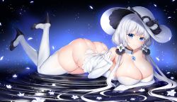 Rule 34 | 1girl, absurdres, ass, azur lane, blue background, blue eyes, breasts, collarbone, colored eyelashes, dress, elbow gloves, garter belt, gloves, hat, high heels, highres, huge breasts, ia (ias1010), illustrious (azur lane), lace-trimmed headwear, lace trim, looking at viewer, lying, no panties, on stomach, skindentation, smile, solo, star (symbol), starry background, strapless, strapless dress, sun hat, thighhighs, thighs, white dress, white gloves, white hat, white thighhighs