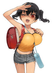 Rule 34 | 1girl, ;d, armpits, backpack, bag, blush, breasts, camisole, commentary request, fang, gaki kyonyuu, grey shorts, hair between eyes, highres, kaedeko (kaedelic), large breasts, looking at viewer, midriff, navel, one eye closed, open mouth, oppai loli, randoseru, sasaki kanna (kaedeko), short hair, shorts, simple background, skin fang, smile, solo, standing, thighs, twintails, white background, yellow camisole