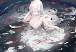 Rule 34 | 1girl, alternate costume, arknights, bare shoulders, breasts, choker, cleavage, closed mouth, dress, gnai, highres, large breasts, long hair, looking at viewer, partially submerged, red eyes, sitting, skadi (arknights), sleeveless, sleeveless dress, solo, very long hair, water, white choker, white dress, white hair