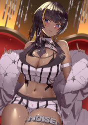 Rule 34 | 1girl, absurdres, arm strap, bare shoulders, between breasts, black hair, black necktie, blonde hair, blue eyes, blush, breasts, cleavage, closed mouth, colored inner hair, cowboy shot, cropped shirt, dark-skinned female, dark skin, earrings, goddess of victory: nikke, high ponytail, highres, jacket, jewelry, koizumike, large breasts, looking at viewer, multicolored hair, navel, necktie, necktie between breasts, noise (classic diva) (nikke), noise (nikke), official alternate costume, shorts, sitting, smile, solo, streaked hair, striped clothes, striped shorts, white jacket, white shorts
