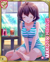 Rule 34 | 1girl, barefoot, breasts, brown hair, card (medium), cleavage, closed eyes, collarbone, day, dress, food, fruit, girlfriend (kari), glass, green dress, hiragi makoto, indoors, leaning forward, official art, qp:flapper, short hair, sitting, solo, standing, striped clothes, striped dress, table, tea, toes, watermelon