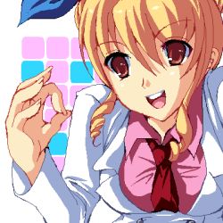 Rule 34 | 1girl, blonde hair, bow, breasts, brown eyes, calamity jane, detached sleeves, dress, drill hair, enoo, hair ribbon, hairband, jaggy lines, long hair, lowres, necktie, oekaki, open mouth, orange dress, pink shirt, red necktie, ribbon, shirt, sidelocks, solo, upper body, wild arms, wild arms 1, wing collar