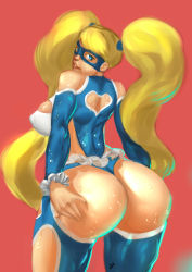 Rule 34 | ass, big hair, blonde hair, blue eyes, breasts, clothing cutout, heart, heart cutout, highres, huge ass, large breasts, long hair, mask, rainbow mika, street fighter, street fighter v, sweat, twintails, viriden