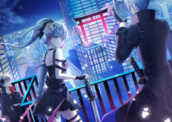 Rule 34 | 1girl, 2boys, alternate costume, ayaka (genshin impact), black coat, black dress, black gloves, black ribbon, black sleeves, blue eyes, blunt bangs, breasts, brother and sister, city, city lights, coat, commentary request, cowboy shot, detached sleeves, dress, dutch angle, fingerless gloves, floating hair, from behind, genshin impact, gloves, goggles, goggles on head, hair ornament, hair ribbon, hand up, high ponytail, highres, holding, holding mask, holding sword, holding weapon, kamisato ayato, long hair, long sleeves, looking at viewer, looking back, looking to the side, mask, mask on head, unworn mask, multiple boys, night, parted lips, petals, ponytail, railing, ribbon, sheath, sheathed, shiroichigo, short hair, siblings, single detached sleeve, sword, thigh strap, thoma (genshin impact), torii, tree, urban, weapon, white hair