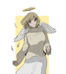 Rule 34 | 1girl, arm at side, blush, breasts, brown eyes, brown hair, cowboy shot, dungeon meshi, fake halo, fake wings, falin touden, falin touden (tallman), feathered wings, feathers, floating hair, half-closed eyes, halo, highres, hup cheop, light brown hair, long sleeves, looking at viewer, looking down, medium breasts, short hair, skirt, solo, sweater, turtleneck, turtleneck sweater, white background, white skirt, white wings, wings