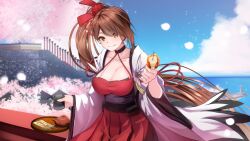 Rule 34 | 1girl, azur lane, blush, breasts, brown hair, cherry blossoms, cleavage, commentary request, cup, dango, day, food, food on face, hair over one eye, hand up, holding, holding cup, ishida katsuzane, japanese clothes, kimono, large breasts, long hair, long sleeves, outdoors, pink petals, pleated skirt, reaching, reaching towards viewer, red skirt, sharing, side ponytail, sitting, skirt, smile, solo, spring (season), tea, teacup, tree, very long hair, wagashi, white kimono, wide sleeves, yellow eyes, zuikaku (azur lane)