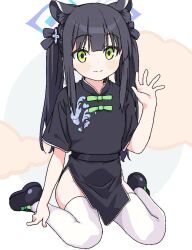 Rule 34 | 1girl, black dress, blue archive, china dress, chinese clothes, dress, green eyes, highres, image sample, shun (blue archive), shun (small) (blue archive), sitting, solo, thighhighs, twitter sample, white thighhighs