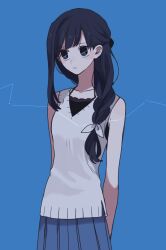 Rule 34 | 1girl, arms behind back, black hair, blue background, blue eyes, blush stickers, bow, braid, hair bow, hair over shoulder, long hair, looking to the side, maco22, original, pleated skirt, skirt, solo, sweater vest