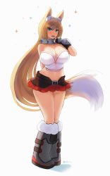 Rule 34 | 1girl, :d, absurdly long hair, absurdres, animal ears, arm behind back, bare shoulders, belt, black gloves, blonde hair, blue eyes, boots, breasts, cleavage, collar, commentary, commission, ehrrr, finger to mouth, fingerless gloves, fox ears, fox tail, full body, fur-trimmed boots, fur trim, gloves, highres, huge breasts, long hair, looking at viewer, midriff, miniskirt, navel, open mouth, original, simple background, skirt, smile, solo, spiked collar, spikes, standing, tail, twitter username, very long hair, white background
