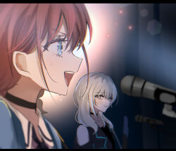 2girls black_choker blue_eyes blush brown_hair choker clothing_cutout commentary_request electric_guitar girls_band_cry grey_eyes grey_hair guitar hamchan69 highres instrument iseri_nina kawaragi_momoka letterboxed long_hair microphone_stand multicolored_hair multiple_girls open_mouth roots_(hair) short_hair shoulder_cutout sweat teeth upper_teeth_only