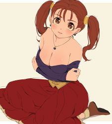 Rule 34 | 1girl, blouse, blue shirt, blush, breasts, brown eyes, brown hair, cleavage, corset, dragon quest, dragon quest viii, earrings, full body, jessica albert, jewelry, long hair, long skirt, long sleeves, looking at viewer, medium breasts, miyama (kannsannn), necklace, off shoulder, red skirt, shirt, shoes, simple background, sitting, sketch, skirt, solo