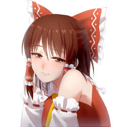 Rule 34 | 1girl, ascot, blush, bow, brown eyes, brown hair, detached sleeves, dress, hair bow, hair tubes, hakurei reimu, looking at viewer, nathaniel pennel, pennel, red dress, simple background, smile, solo, touhou, upper body, white background