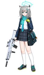 Rule 34 | 1girl, animal ear fluff, animal ears, assault rifle, blue archive, blue eyes, blue scarf, cross, cross hair ornament, extra ears, gloves, green gloves, grey hair, gun, hair ornament, halo, highres, inverted cross, looking at viewer, medium hair, mismatched pupils, rifle, scarf, shiroko (blue archive), sig sauer, sig sauer 556, simple background, single glove, solo, thym (pruj7878), weapon, white background, wolf ears