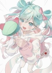 Rule 34 | 1girl, absurdres, ahoge, backpack, bag, blue eyes, blue hair, blush, bow, creature, creatures (company), curly hair, eyelashes, game freak, gen 3 pokemon, glorious day (vocaloid), hair bow, hair ornament, hair rings, hand grab, happy, happy tears, hatsune miku, highres, hood, hood down, hoodie, long hair, long sleeves, looking at creature, lower teeth only, multicolored hair, nintendo, open mouth, pink bag, pink bow, pink hair, pokemon, pokemon (creature), project voltage, ralts, screentones, short eyebrows, simple background, swept bangs, tears, teeth, tetra mmm, thighhighs, tongue, two-tone hair, vocaloid, white background, white footwear, white hoodie