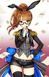 Rule 34 | 1girl, animal ears, bad id, bad pixiv id, belt, black thighhighs, bow, brown eyes, brown hair, epaulettes, fake animal ears, finger to mouth, gambe, glasses, hand on own hip, large bow, long hair, looking at viewer, microphone, midriff, minami mirei, navel, ponytail, pretty series, pripara, rabbit ears, short shorts, shorts, shushing, smile, solo, striped, thighhighs, vertical stripes