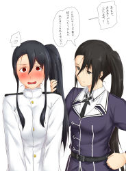 Rule 34 | 10s, 2girls, @ @, alternate hairstyle, asymmetrical bangs, belt, black hair, blush, breasts, brown eyes, brown hair, female admiral (kancolle), hair between eyes, hand in another&#039;s hair, hand on own hip, highres, jacket, kantai collection, large breasts, long hair, medium breasts, military, military uniform, multiple girls, nachi (kancolle), niwatazumi, open mouth, remodel, remodel (kantai collection), side ponytail, sidelocks, sketch, smile, tatebayashi sakurako, translation request, uniform, white background