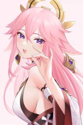 1girl :d absurdres animal_ears blush breasts fox_shadow_puppet from_behind genshin_impact gou_d hair_between_eyes hair_flaps halo highres large_breasts long_hair looking_at_viewer looking_back open_mouth pink_hair purple_eyes sideboob smile solo upper_body yae_miko