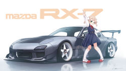 Rule 34 | 1girl, :d, bandaid, bandaid on knee, bandaid on leg, blue dress, blush, bow, bowtie, car, dress, green eyes, hair ornament, highres, index finger raised, indie virtual youtuber, kneehighs, light brown hair, long sleeves, looking at viewer, mazda rx-7, mazda rx-7 fd, motor vehicle, open mouth, pinafore dress, pointing, pointing up, pom pom (clothes), pom pom hair ornament, red bow, red bowtie, reflection, shigure ui (vtuber), shigure ui (vtuber) (young), shirt, short hair, short twintails, shukusei!! loli-gami requiem, signature, simana, simple background, sleeveless, sleeveless dress, smile, socks, solo, spoiler (automobile), sports car, stance (vehicle), twintails, vehicle focus, vehicle name, virtual youtuber, white shirt, white socks