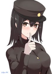 Rule 34 | 1girl, absurdres, akitsu maru (kancolle), black hair, blush, brown eyes, dangan kurabu, finger to mouth, hat, highres, index finger raised, kantai collection, looking at viewer, military, military uniform, one-hour drawing challenge, peaked cap, short hair, simple background, smile, solo, uniform, upper body, white background