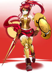 Rule 34 | 1girl, absurdres, armlet, armor, bare shoulders, belt, blossomsa, blush, boots, breasts, brown gloves, cape, cleavage, clenched teeth, corset, earrings, elbow gloves, eyeshadow, female focus, forehead protector, gloves, gorget, gradient background, greaves, green eyes, grin, highres, holding, jewelry, long hair, makeup, navel, polearm, ponytail, pyrrha nikos, red hair, rwby, shield, smile, solo, spear, strapless, teeth, tiara, vambraces, walking, warrior, weapon