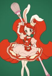 Rule 34 | 1girl, aji fry, animal ears, blush, bow, cake, cake hair ornament, choker, commentary request, cure whip, dress, earrings, extra ears, food, food-themed hair ornament, food-themed ornament, fruit brooch, gloves, green background, hair ornament, highres, holding, jewelry, kirakira precure a la mode, long hair, magical girl, pom pom (clothes), precure, rabbit ears, red eyes, red hair, solo, strawberry brooch, strawberry shortcake, twintails, usami ichika