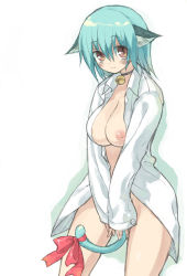 Rule 34 | 1girl, animal ears, blue hair, blush, bottomless, breasts, brown eyes, cat ears, cat tail, choker, large breasts, mutsutake, nipples, open clothes, open shirt, shirt, short hair, simple background, solo, tail