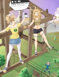 Rule 34 | barbed wire, blonde hair, blush, cellphone, charging device, contemporary, denim, denim shorts, electricity, field, fire emblem, fire emblem: the blazing blade, fire emblem awakening, florina (fire emblem), highres, igni tion, jumper cable, lissa (fire emblem), long hair, messy hair, miniskirt, multiple girls, nintendo, open mouth, ophelia (fire emblem), pantyhose, phone, power lines, purple hair, shoes, short shorts, shorts, skirt, smartphone, sneakers, thighhighs, tree, utility pole, v-neck